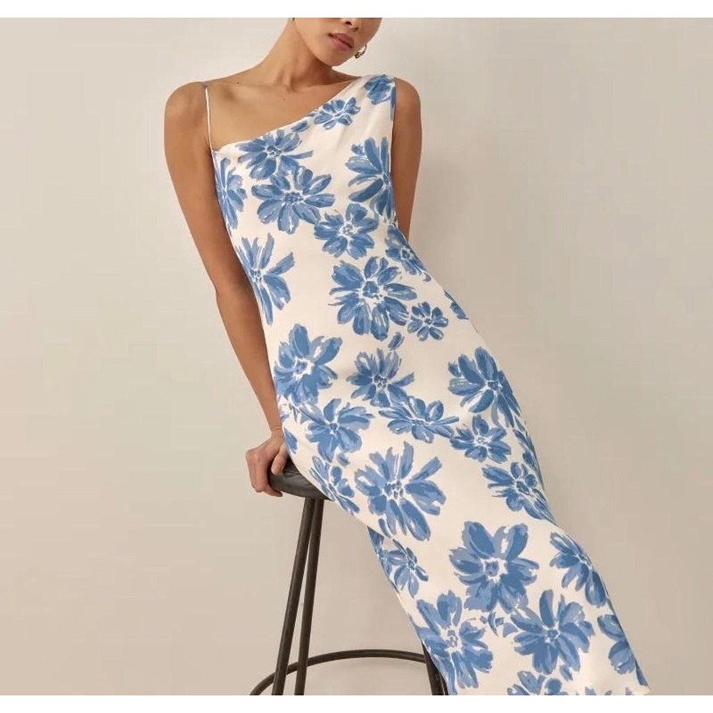 Reformation Chandelier One Shoulder Floral Midi Dress Blue White XL Asymmetrical